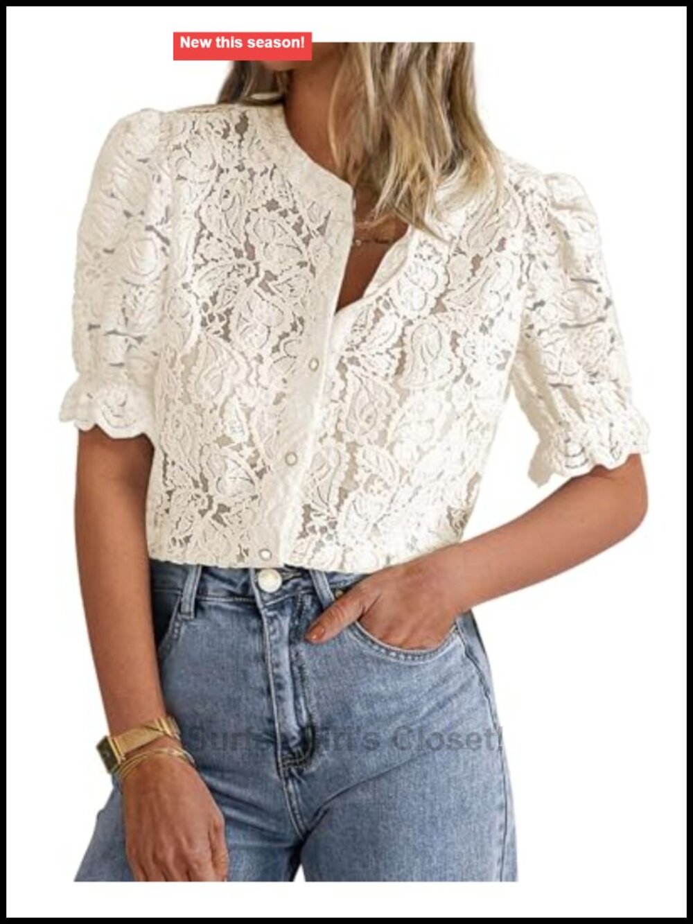 Womens Lace Button Down Blouse Short Puff Sleeve Eyelet Top